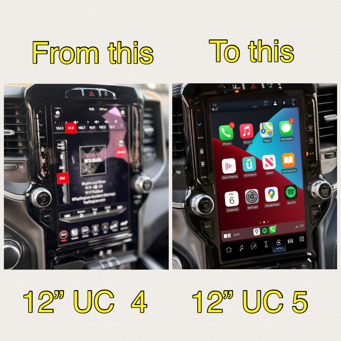 2019-2021 RAM Heavy Duty 2500/3500 UBQ Uconnect 5 Upgrade kit with 12-inch Touchscreen including Wireless Apple CarPlay / Android Auto