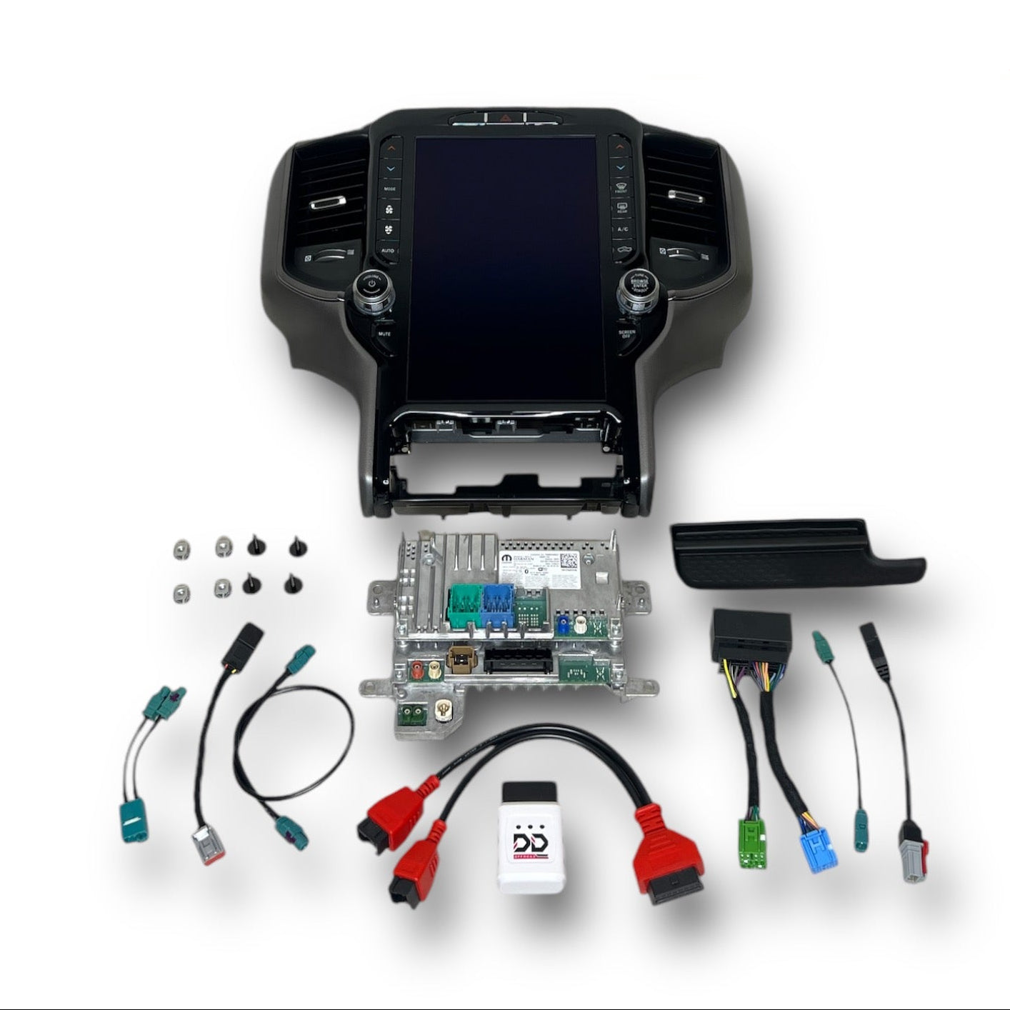 Upgrade kit components—including dashboard bezel, head unit module, wiring harnesses and installation hardware—arranged neatly on a white background.