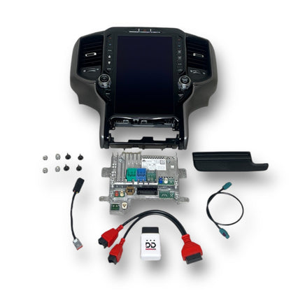 Car dashboard with removed panel, wiring, and electronic components on a white background with DD Offroad logo.