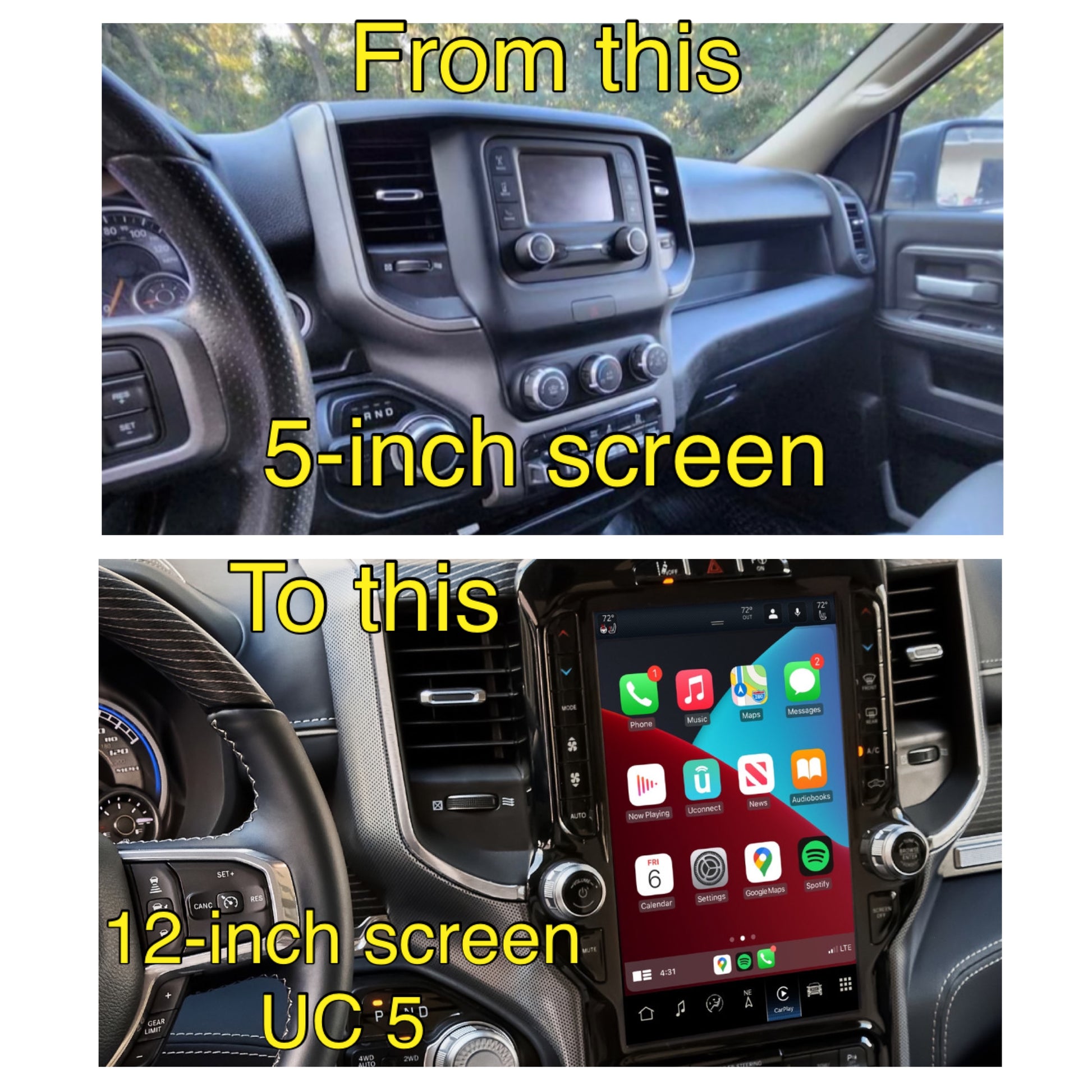 Collage comparing the factory 5-inch infotainment screen with the upgraded 12-inch Uconnect 5 display in a Ram truck.