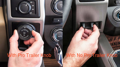 Side-by-side comparison showing Ford Expedition dashboard with Pro Trailer control knob versus without Pro Trailer knob