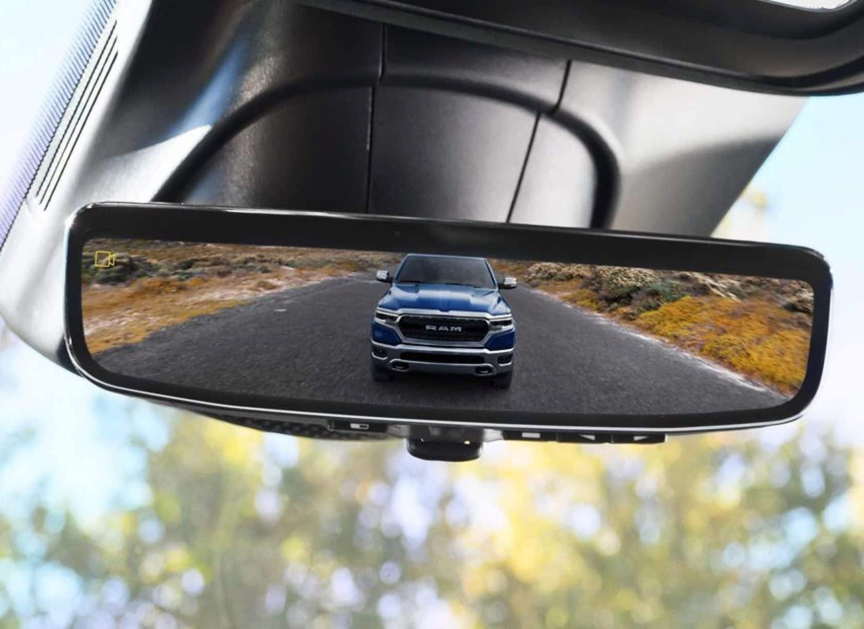 OEM Digital Rear View Mirror 3.0 fully installed in Ram 2500 cabin