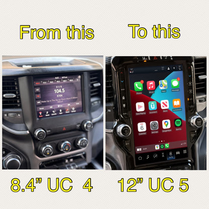 Side by side comparison of factory small radio and new 12-inch Uconnect 5 screen in Ram 2500