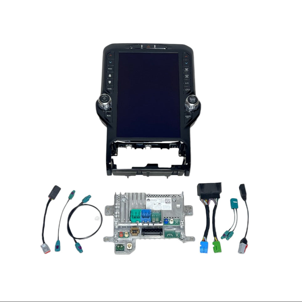 All components of the Uconnect 5 upgrade kit—black dashboard bezel with screen, radio module, wiring harnesses and mounting hardware—arranged on a white background.