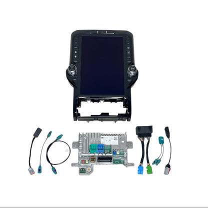 All components of the Uconnect 5 upgrade kit—black dashboard bezel with screen, radio module, wiring harnesses and mounting hardware—arranged on a white background.