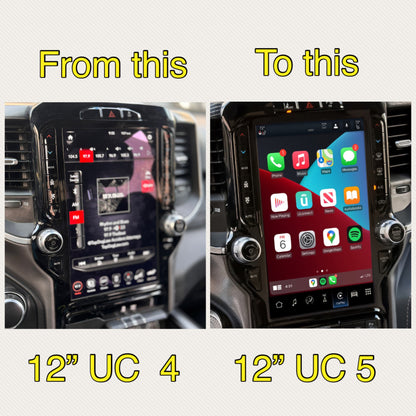 Collage showing the older 12-inch Uconnect 4 screen on the left and the upgraded 12-inch Uconnect 5 touchscreen on the right, labeled “From this” and “To this.”